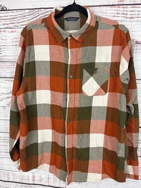 Alpine Design Orange Brown Plaid Flannel Button Down Shirt Mens L Casual Cabin